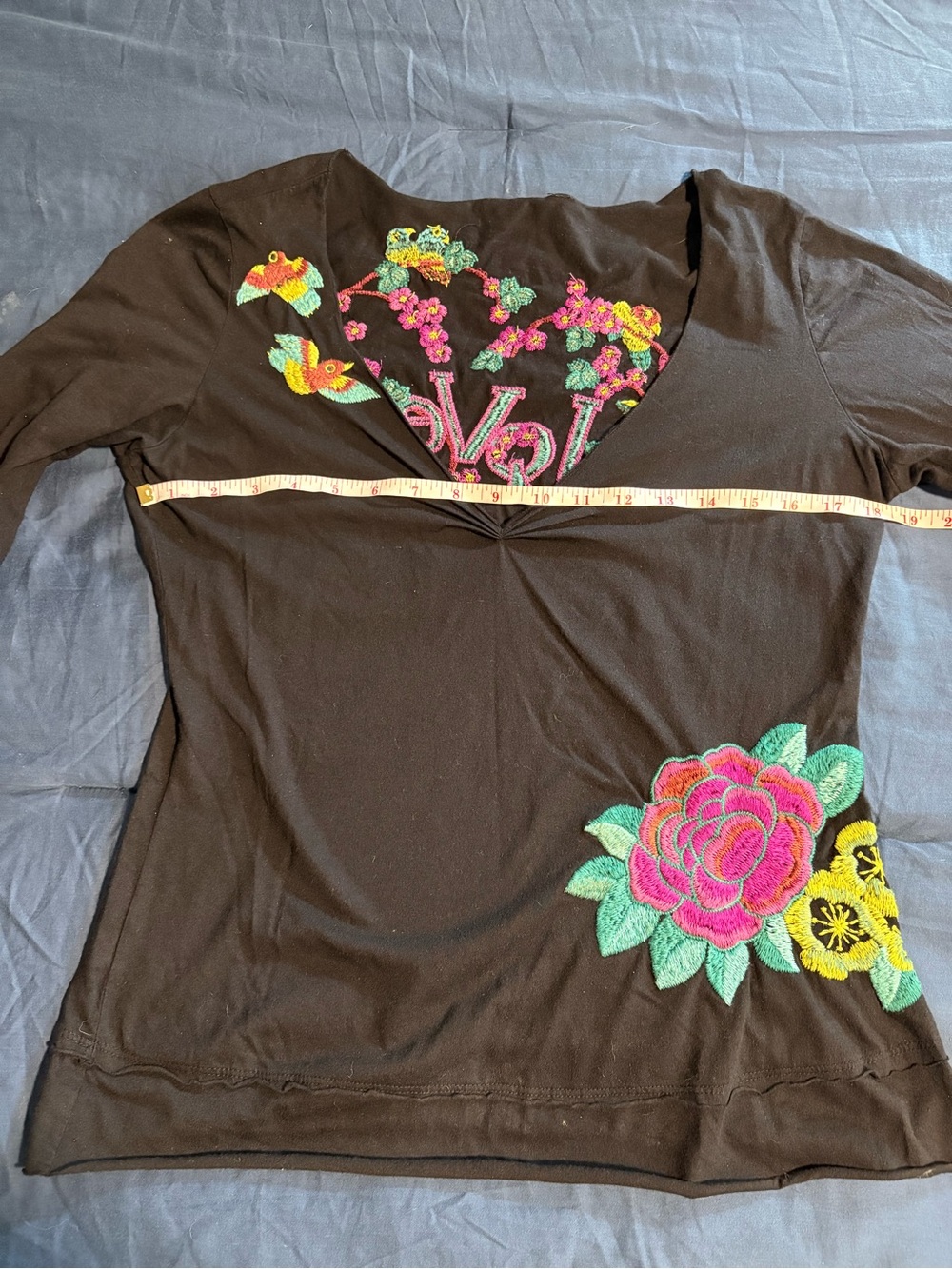 Johnny Was Black Long Sleeve Tee with Pink & Green Floral Embroidery - Picture 4 of 5